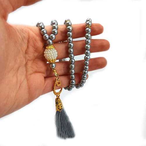 BAYKUL Muslim Prayer Beads 99, Islamic Rosary with Silver Allah Muhammad Engraved Tasbih, Zikr Namaz Worship Ramadan Tesbih Bracelet - color: Grey Pearl