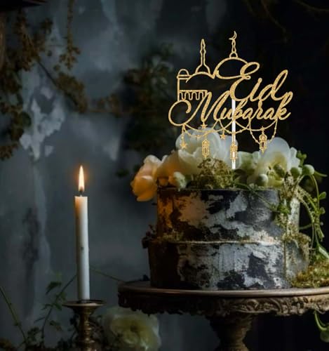 Eid Mubarak Cake Topper, Happy Eid Al-Fitr/Eid al-Adha Fastival Decorations, Islamic Muslim Tranditional Festival Party Decoration Supplies, Hajj Mubarak Decor Gold Glitter