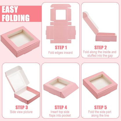 Zonon 30 Pcs Kraft Paper Boxes with Window 4.13 x 4.13 x 1.18 Inch Candy Packaging, Small Gift Boxes, Soap holder, Mini Treat Packaging for Bakery Chocolate Jewelry Display (Pink) - color: Pink