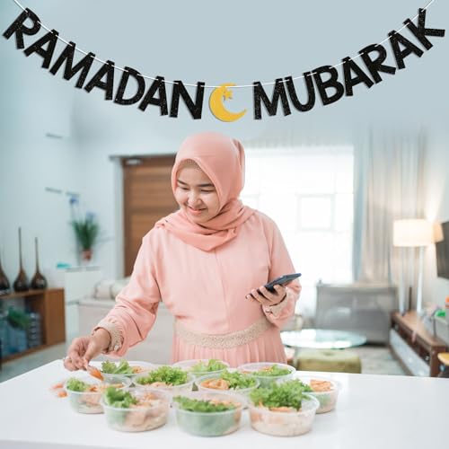 Ramadan Mubarak Banner - Eid Festival Muslim Islam Party Decoration, Ramadan Kareem Decor, Ramadan Banner with Moon and Star for Islamic Eid Decoration Black Glitter