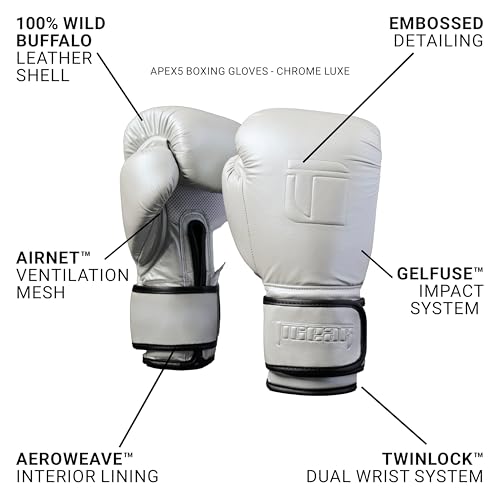 Tigear APEX5 Boxing Gloves – Chrome Luxe | Boxing, Muay Thai, MMA & Heavy Bag Training | 100% Buffalo Leather
