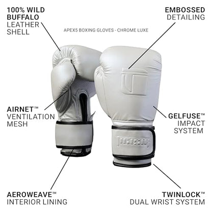 Tigear APEX5 Boxing Gloves – Chrome Luxe | Boxing, Muay Thai, MMA & Heavy Bag Training | 100% Buffalo Leather