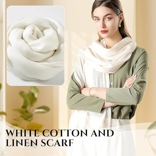Extra Large Cotton Linen Shawl Wrap for Women, Elegant Scarf with UV Protection Breathable Lightweight Head Cover Hijab - color: White