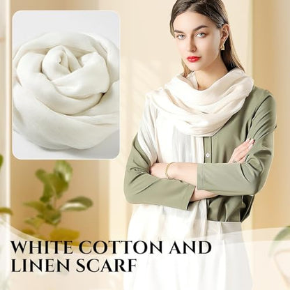 Extra Large Cotton Linen Shawl Wrap for Women, Elegant Scarf with UV Protection Breathable Lightweight Head Cover Hijab - color: White