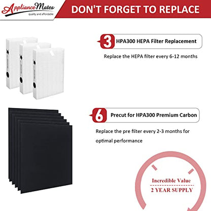 HPA300 Replacement Filters for Honeywell Air Purifiers HPA300 Series, HPA300, HPA304, HPA3300, HPA5300, HPA5350, HPA8350, Part HRF-R3, 3 R Filters and 6 Pre-cut A Carbon Pre-filter by APPLIANCEMATES - style: 3 Ture HEPA R + 6 A Carbon Pre-Filter
