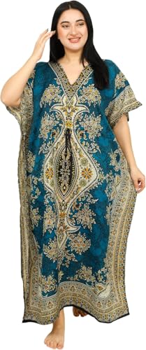 Women's Kaftan Dress – Loose Fit Maxi Gown – Kimono Style Beach Cover Up – Elegant Resort Wear and Nightwear - color: Teal Blue