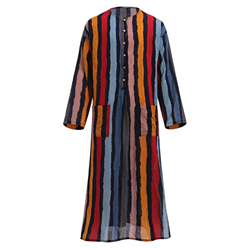 OLEMEK Mens Muslim Thobe Long Sleeve Stripe Long Gown Middle East Islam Arabic Thobe Shirt Dresses - color: Red, size: 5X-Large