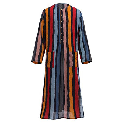 IWEMEK Muslim Thobe for Men Striped Kaftan Thobe with Pockets Saudi Arabic Robe Button up Dubai Abaya Caftan Ramadan Clothes - color: Red, size: X-Large