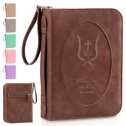 Leather Bible Cover for Women, Zippered Floral Bible Case w Pocket, Brown | Bible Study, Church, Journaling & Travel - color: Dark Brown