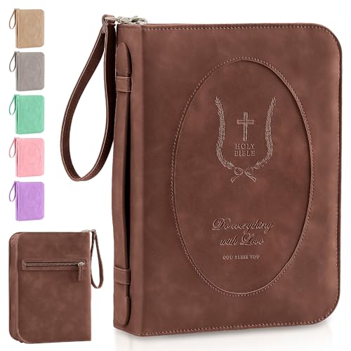 Leather Bible Cover for Women, Zippered Floral Bible Case w Pocket, Brown | Bible Study, Church, Journaling & Travel - color: Dark Brown