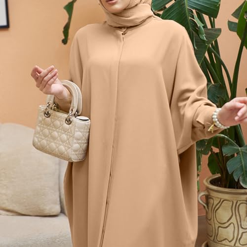 IKADEX Women Batwing Sleeve Abaya Button Loose Fit Long Maxi Muslim Dress Islamic Kaftan Prayer Robe - color: Khaki