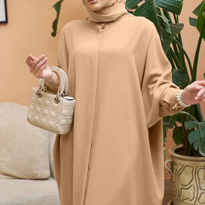 IKADEX Women Batwing Sleeve Abaya Button Loose Fit Long Maxi Muslim Dress Islamic Kaftan Prayer Robe - color: Khaki