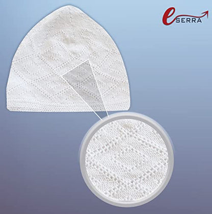 ESERRA Kufi Hats for Men - Prayer Cap, Handicraft Taqiyah, Muslim Tasbih 99 Beads, Prayer Beads - color: White