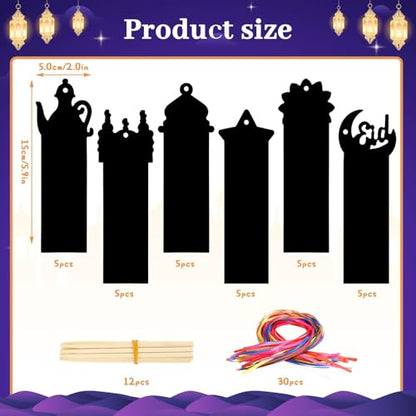 JUNEBRUSHS 30Pcs Ramadan Crafts, Rainbow Magic Ramadan Scratch Bookmarks for amadan Gifts Eid School Classroom Activities Ramadan Arts and Crafts Eid Party Favors - style: Ramadan Style