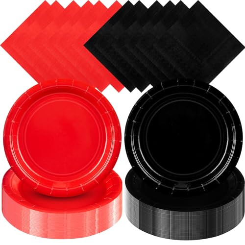 Zhehao 120 Pcs Disposable Paper Dessert Plates and Napkins Set, 7 Inch Party Cake Appetizer Plate with Napkin for Birthday Baby Shower Wedding Easter(Red, Black) - color: Red, Black