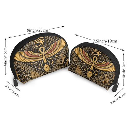 Egyptian Symbols Golden Hieroglyphic 2-Piece Shell Makeup Bag Set, Large Capacity Travel Cosmetic Bag For Women With Zipper, Waterproof Polyester Toiletry Organizer Pouch For Purse, Travel - color: Egyptian Symbols Golden Hieroglyphic