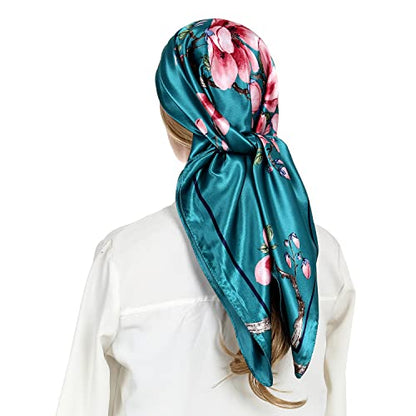 RIIQIICHY Head Scarf for Women Like Silk Satin Scarf for Hair Wrapping at Night Bandana Square Scarf for Sleeping 35 Inch - color: Darkcyan/Peach/Green/Dark Brown/ Navy