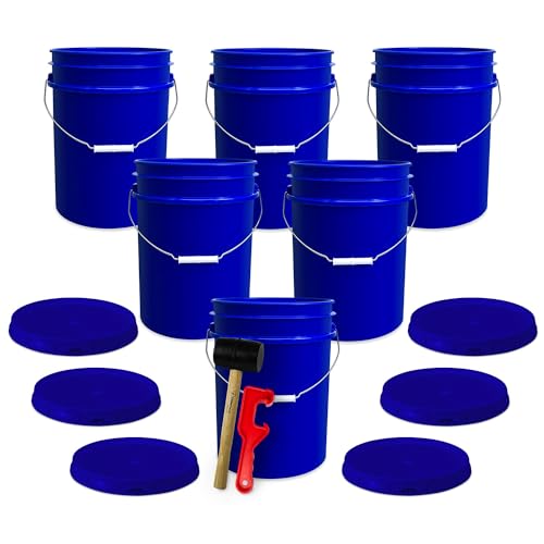 5 Gallon Plastic Bucket with Airtight Lid | Made in USA | Food Grade Bucket | BPA-Free | Heavy Duty 90 Mil All Purpose Pail | One 12" Rubber Mallet & One Lid Opener Included | 6 Pack | Airtight Lid, Mallet and Lid Opener Included, Heavy-Duty 90 Mil HDPE P