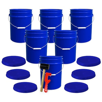 5 Gallon Plastic Bucket with Airtight Lid | Made in USA | Food Grade Bucket | BPA-Free | Heavy Duty 90 Mil All Purpose Pail | One 12" Rubber Mallet & One Lid Opener Included | 6 Pack | Airtight Lid, Mallet and Lid Opener Included, Heavy-Duty 90 Mil HDPE P