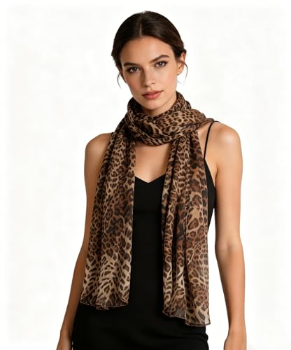 Leopard Print Long Scarf for Women – Lightweight Chiffon Cheetah Shawl Neck Scarf Soft Animal Print Scarves Headscarf Wrap for Spring Summer Beach Travel