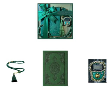 Prien 이슬람 선물 세트, 보온 가죽 꾸란, 진주 기도 비즈, 디지털 Zikr Tasbih, 미니 꾸란, 휴대용 기도 바구니, 여성용 무슬림 선물 - color: 초록색.