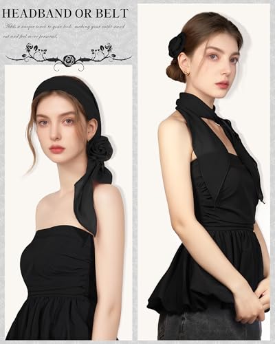 Chiffon Scarf for Women, Removable Flower Neck Scarf Light Soft Fashion Rose Scarves Versatile Headband or Hair Band - color: Black