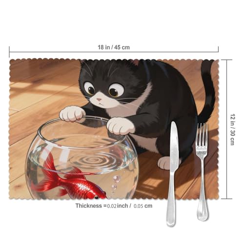 Cat Fish Tank Washable Placemats Set of 6-Heat Resistant Dining Table Mats, Non Slip Kitchen Table Decor