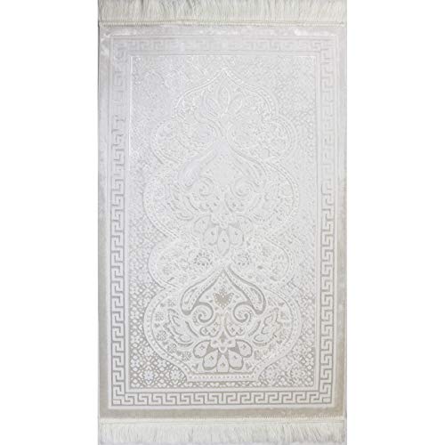 Modefa Luxury Velvet Prayer Rug with Prayer Beads | Soft Elegant Muslim Turkish Janamaz Sajada Carpet for Men and Women | Plain Solid Prayer Mat Ramadan Eid Gift - Paisley (Vanilla Creme) - color: Vanilla Creme