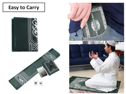 2 Pieces Muslim Travel Prayer Mat,Islamic Prayer Rug,Muslim Prayer Carpet,with Compass Pocket Sized Carry Bag,and Attached Compass,Travel Prayer Mat with Compass(Green,Black)