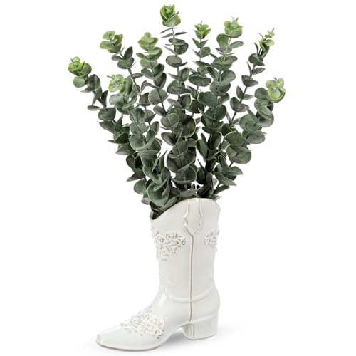 Artificial Eucalyptus Plant in Ceramic Cowboy Boot Vase Faux Greenery Potted Plant for Rustic Farmhouse Decor Western Style Boot Planter with Eucalyptus Stems for Table Centerpiece-18 Inch Tall - color: Boots