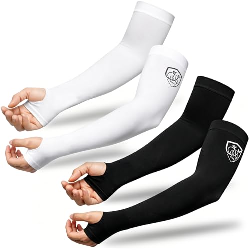 RUYO Upgraded Cooling Arm Sleeves 2 Pairs Black White UPF 50+ UV Protection Ice Silk Breathable Stretchy One Size for Cycling Golf Running Gardening Driving (Black White 2 Pairs, One Size)