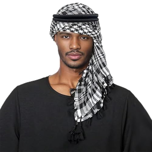 PURFUN Men's Large Arab Shemagh Headscarf Muslim Headcover Shawl Keffiyeh Arabic Scarf - color: Scarf+agal/Black