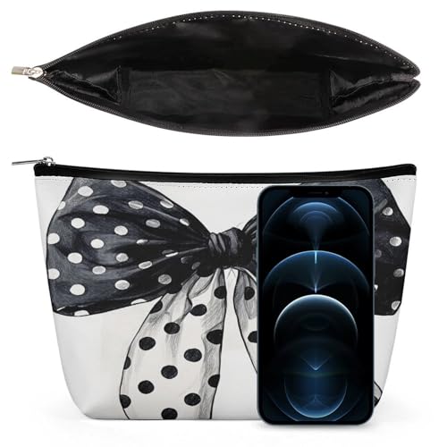 Black And White Polka Dot Bow Makeup Bag, Travel Toiletry Organizer, Cosmetic Pouch for Women, Birthday Presents for Mom Girls Women Sisters - color: Black And White Polka Dot Bow