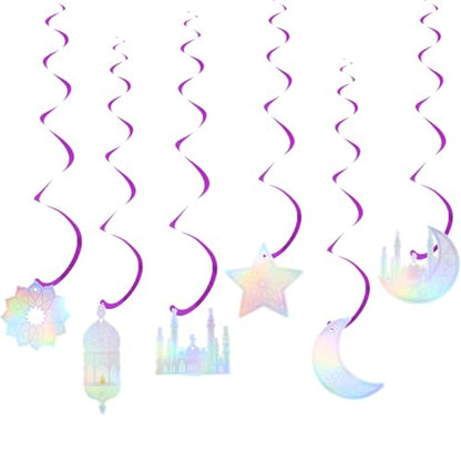 6 Pcs Iridescent Eid Mubarak Hanging Swirls, Sparkling Metallic Ceiling Streamers Garland with Crescent Moon Star Castle Lantern Pattern for Islamic Muslim Ramadan Eid al-Adha Party Decoration