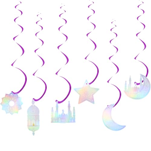 6 Pcs Iridescent Eid Mubarak Hanging Swirls, Sparkling Metallic Ceiling Streamers Garland with Crescent Moon Star Castle Lantern Pattern for Islamic Muslim Ramadan Eid al-Adha Party Decoration