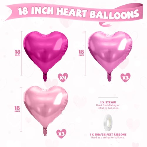 Hot Pink Heart Balloons, 10PCS Rose Foil for Girls Birthday Valentine Party - color: Hot Pink Light Pink