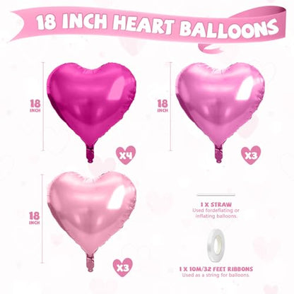 Hot Pink Heart Balloons, 10PCS Rose Foil for Girls Birthday Valentine Party - color: Hot Pink Light Pink