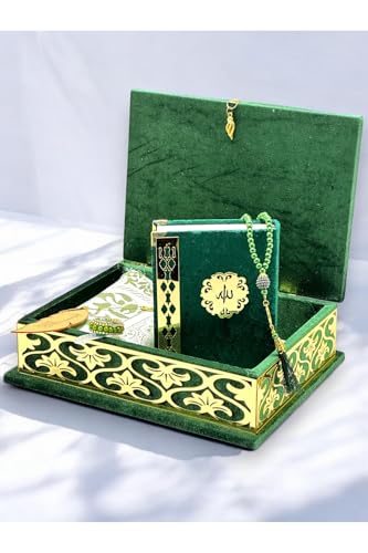 SODEF Velvet Covered Quran Gift Box Set - Includes Quran, Zikirmatik, Prayer Beads, Seccade, Bookmark - Green