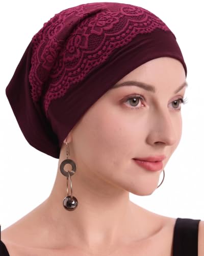ZLYC Hijab Cap for Muslim Women Soft Stretchy Open-Back Inner Undercap - color: Lace Solid Burgundy