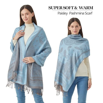 Reversible Paisley Pashmina Rave Scarf Shawl-Soft Silky Pashmina Wraps for Women Evening Dresses - color: E#. Style 5-light Blue