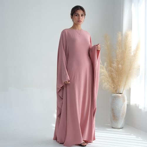 Abaya Dress for Women Soft Crepe Like Linen Khimar Butterfly Batwing Dubai Islam Muslim Kaftan Modest Prayer Dress - color: Pink, size: Large