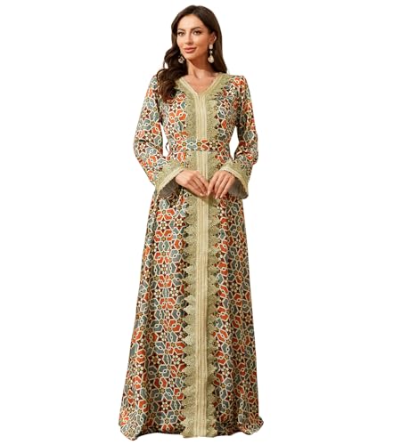 Embroidery Abayas for Women Muslim Moroccan Floral Maxi Kaftan Dress Arabic Islamic Dubai Robe Ramadan Prayer Clothes - color: Champagne, size: Small