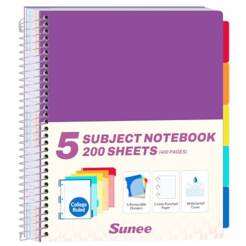 SUNEE 5 Subject Notebook College Ruled - 400 Pages, 9"x11", 5 Pocket Colored Dividers, 3-Hole Punched Paper, Dark Purple - color: Dark Purple, style: College Ruled