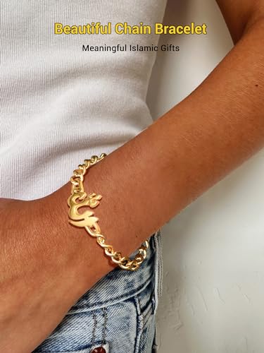 PROSTEEL Allah Bracelet, Muslim Islamic Jewelry Religious Islam Arabic God Charm Stainless Steel Beads Chain Bracelet, fits wrist from 5.9'' to 7.9'', Come with Box - color: 02 gold-cuban chain
