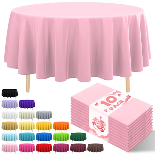 10 Pack Premium Disposable Plastic Tablecloth 84" Round Table Cover for Birthdays Weddings Christmas Anniversary Buffet Table (Pink) - color: Pink, size: 84" Round