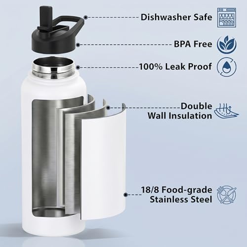 Water Bottle, BPA Free Insulated Stainless Steel, 32oz, Dual lids, Keep Cold 24H, Large Flask, Wide Mouth, Double Wall Metal Sport Drink Bottle, Camping, Gym, Hiking, Cream White - color: Cream White