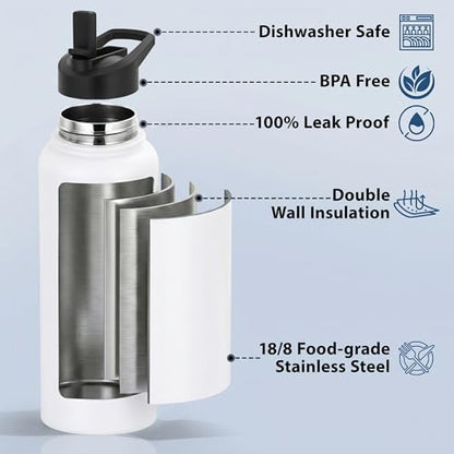 Water Bottle, BPA Free Insulated Stainless Steel, 32oz, Dual lids, Keep Cold 24H, Large Flask, Wide Mouth, Double Wall Metal Sport Drink Bottle, Camping, Gym, Hiking, Cream White - color: Cream White