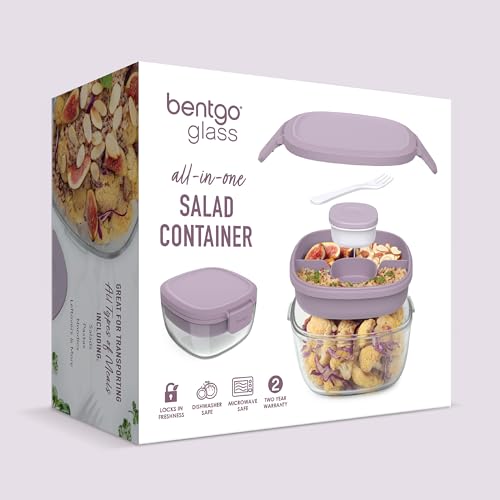 Bentgo Glass Salad Container - 7.6-Cup Salad Bowl with Airtight Lid, Leak-Proof Sauce Container, 4-Compartment Bento Tray & Reusable Fork - BPA-Free for Meal Prep, Office & More (Lavender) - color: Lavender