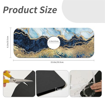 Kitchen Sink Splash Guard，Blue white black and gold marble-1 Faucet Mat Sink Gadgets-Super Absorbent Fast Drying Mat Drip Catcher for Kitchen, Bathroom,Sink Mat, Dish Drying Mat, Bathroom(15" X 5.5" ) - color: Blue white black and gold marble-1