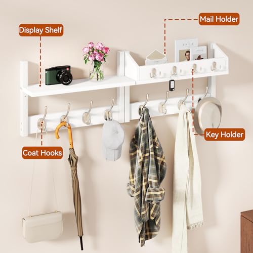 YMYNY 31.5" Coat Rack Wall Mount with Shelf, 4 in 1 Key and Coat Hanger with 12 Metal Hooks, Wall Shelf with Hooks & Mail Holder for Living Room, Bedroom, White, HWS007W-2 - color: White, size: 31.5" - 4-in-1